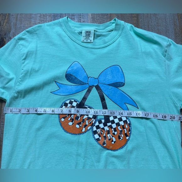 Comfort Colors Mint Tee with Blue Bow and cherry Checkered Design - Picture 5 of 6